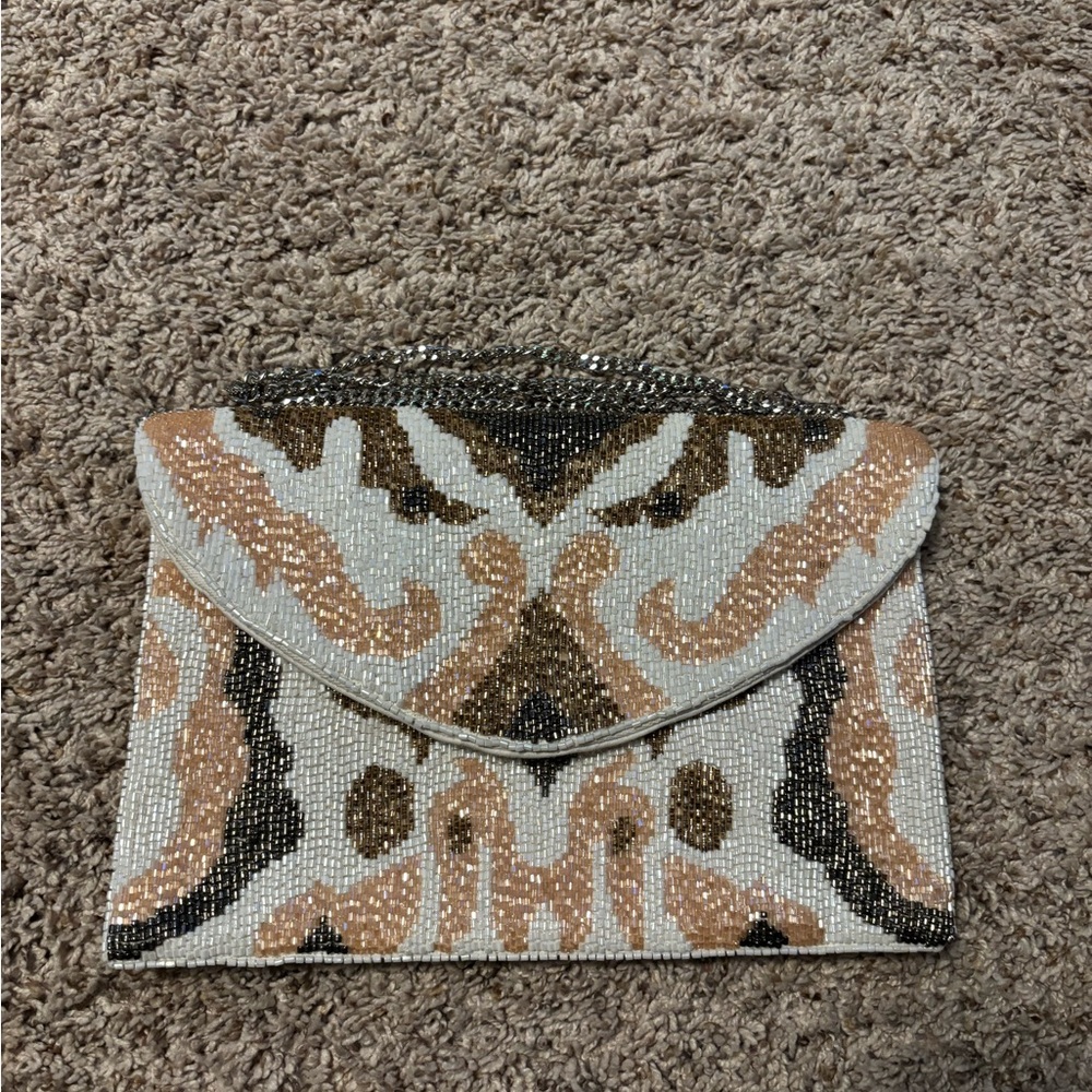 Vici Beaded Envelope Clutch in White, Peach & Gold-Toned